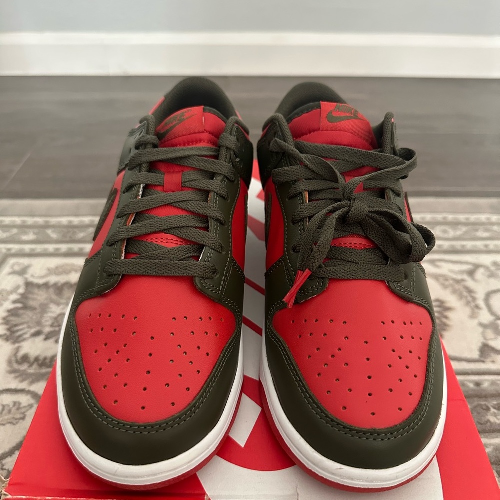 Nike Men's Dunks Cargo Khaki and Mystic Red